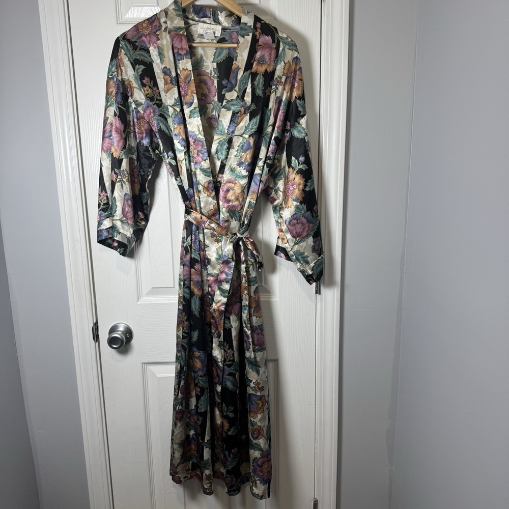 Dentelle Vintage Floral Satin‎ Robe Belted Size Large 90's Y2K Kimono Striped